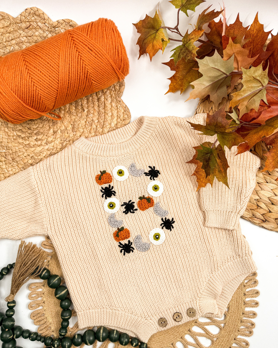 Halloween Letter "B" Hand-Embroidered Romper (Ready to Ship) | Size 12-18 month