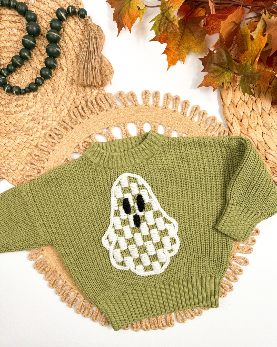 Checkered Ghost Hand-Embroidered Sweater (Ready to Ship) | Size 3-6 months