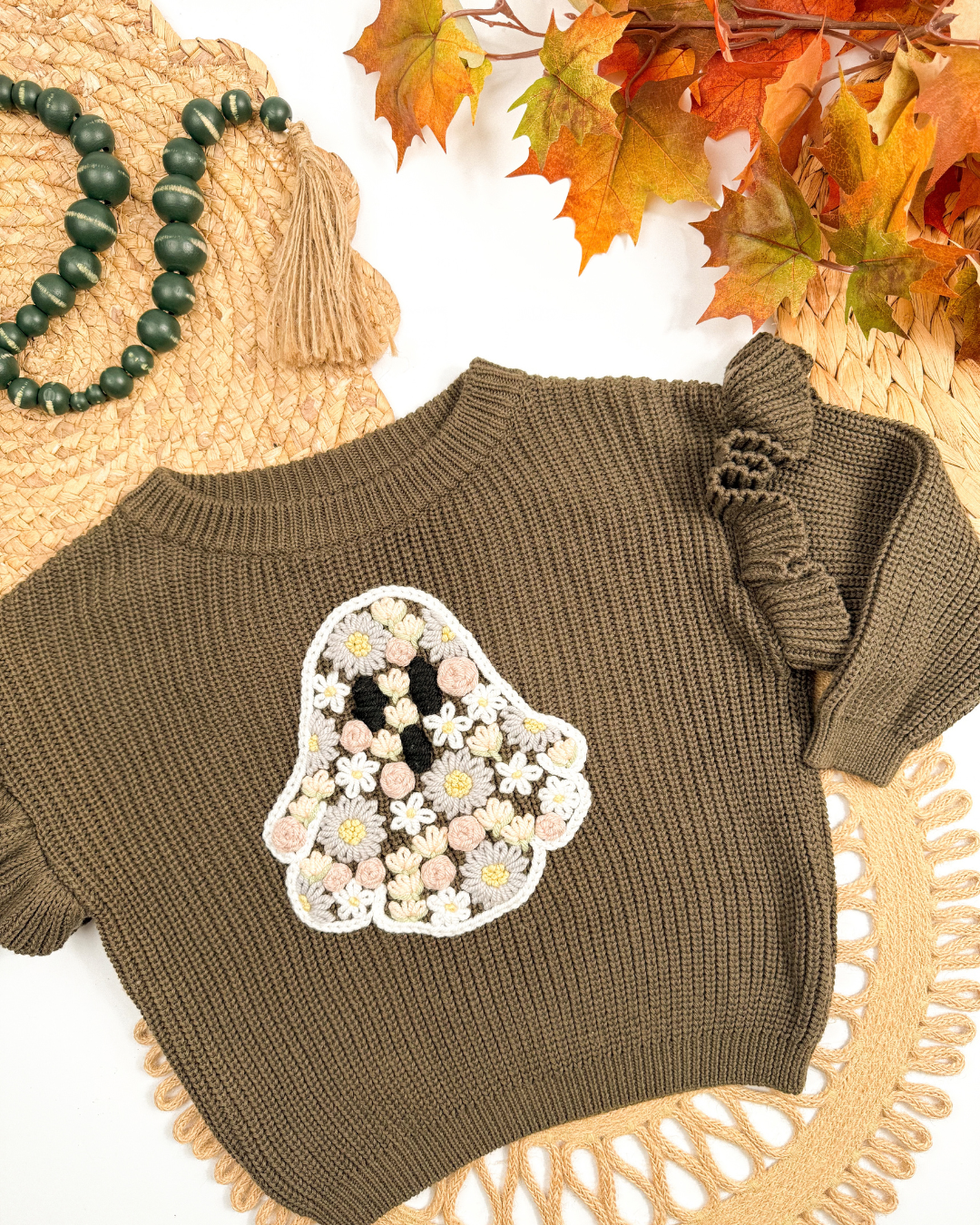 Wildflower Ghost Hand-Embroidered Ruffle Sweater (Ready to Ship) | Size 12-18 month