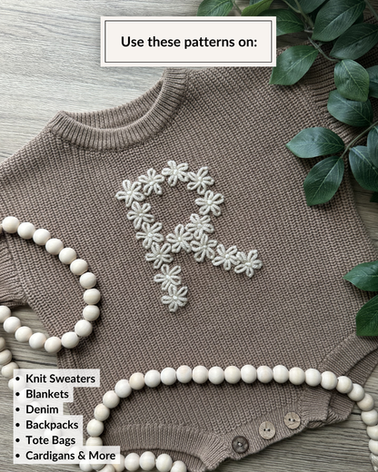 Motifs de broderie de lettres florales (A-Z) et (0-9) (Téléchargement numérique)
