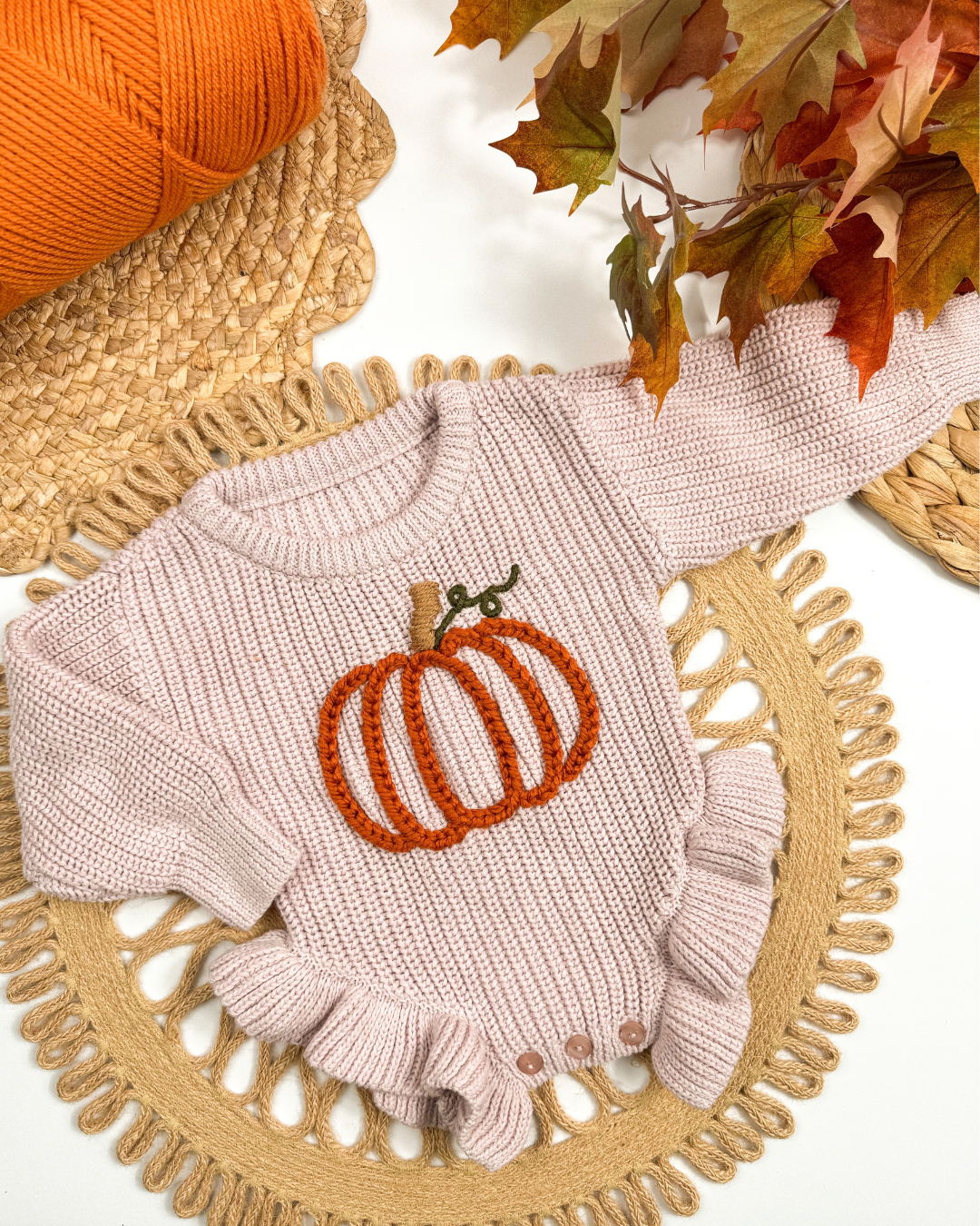 Outline Pumpkin Hand-Embroidered Ruffle Sweater (Ready to Ship) | Newborn