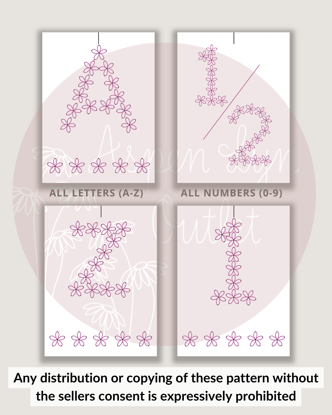 Motifs de broderie de lettres florales (A-Z) et (0-9) (Téléchargement numérique)