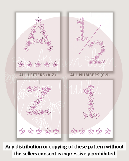 Motifs de broderie de lettres florales (A-Z) et (0-9) (Téléchargement numérique)