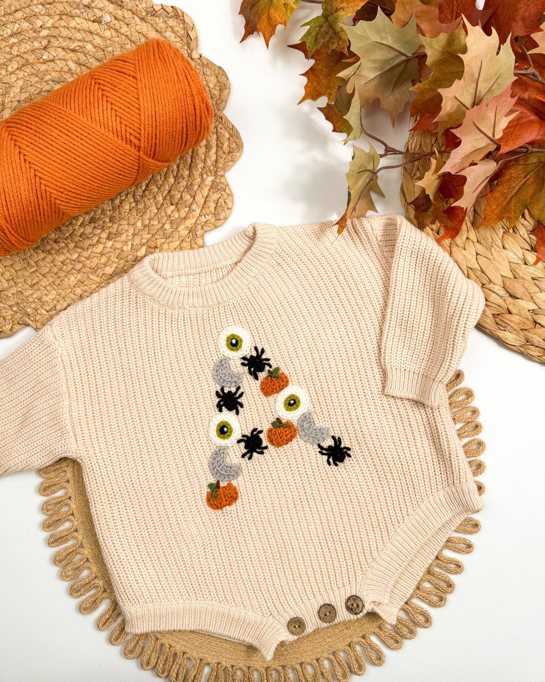 Halloween Letter "A" Hand-Embroidered Romper (Ready to Ship) | Size 12-18 month