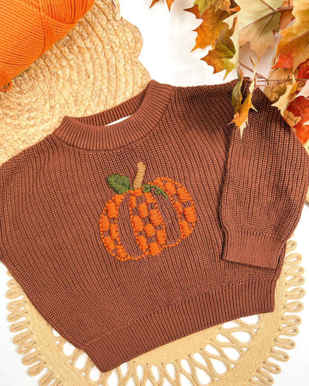 Checkered Pumpkin Hand-Embroidered Sweater (Ready to Ship)  | Size 18-24 months
