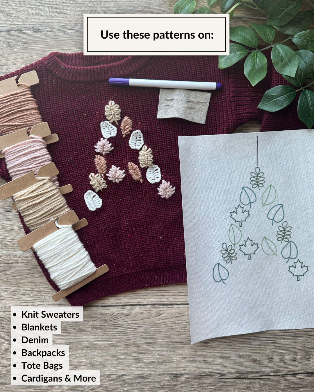 Motifs de broderie de lettres en feuille (A-Z) et (0-9) (Téléchargement numérique)