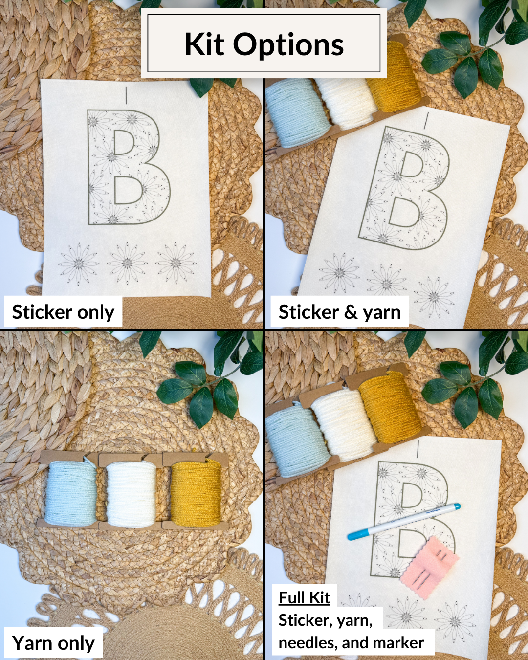 Sunflower & Daisy Letter/Number Embroidery Patterns (A-Z) & (1-9) Yarn Embroidery DIY Kit