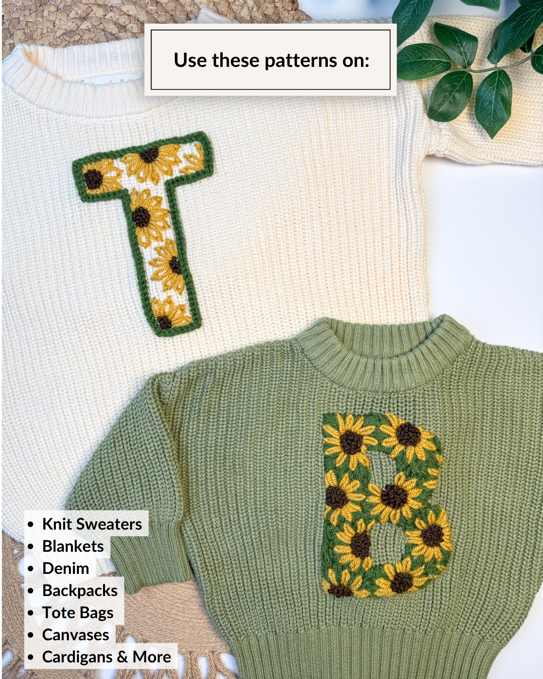 Sunflower & Daisy Letter/Number Embroidery Patterns (A-Z) & (1-9) (Digital Download)