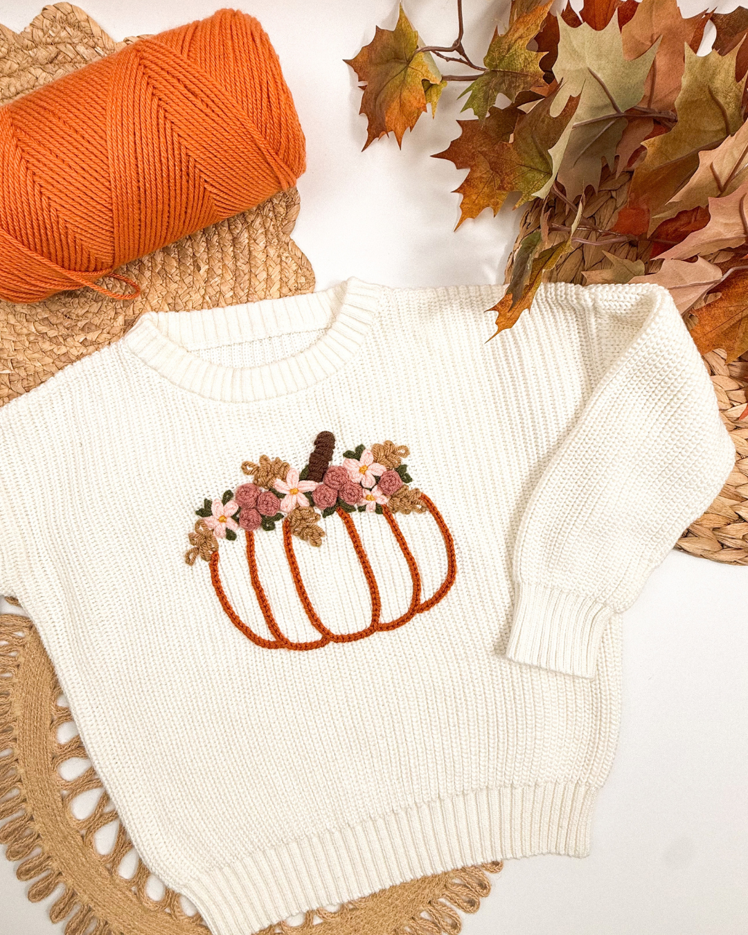 Floral Pumpkin Hand-Embroidered Sweater (Ready to Ship) | Size 4T