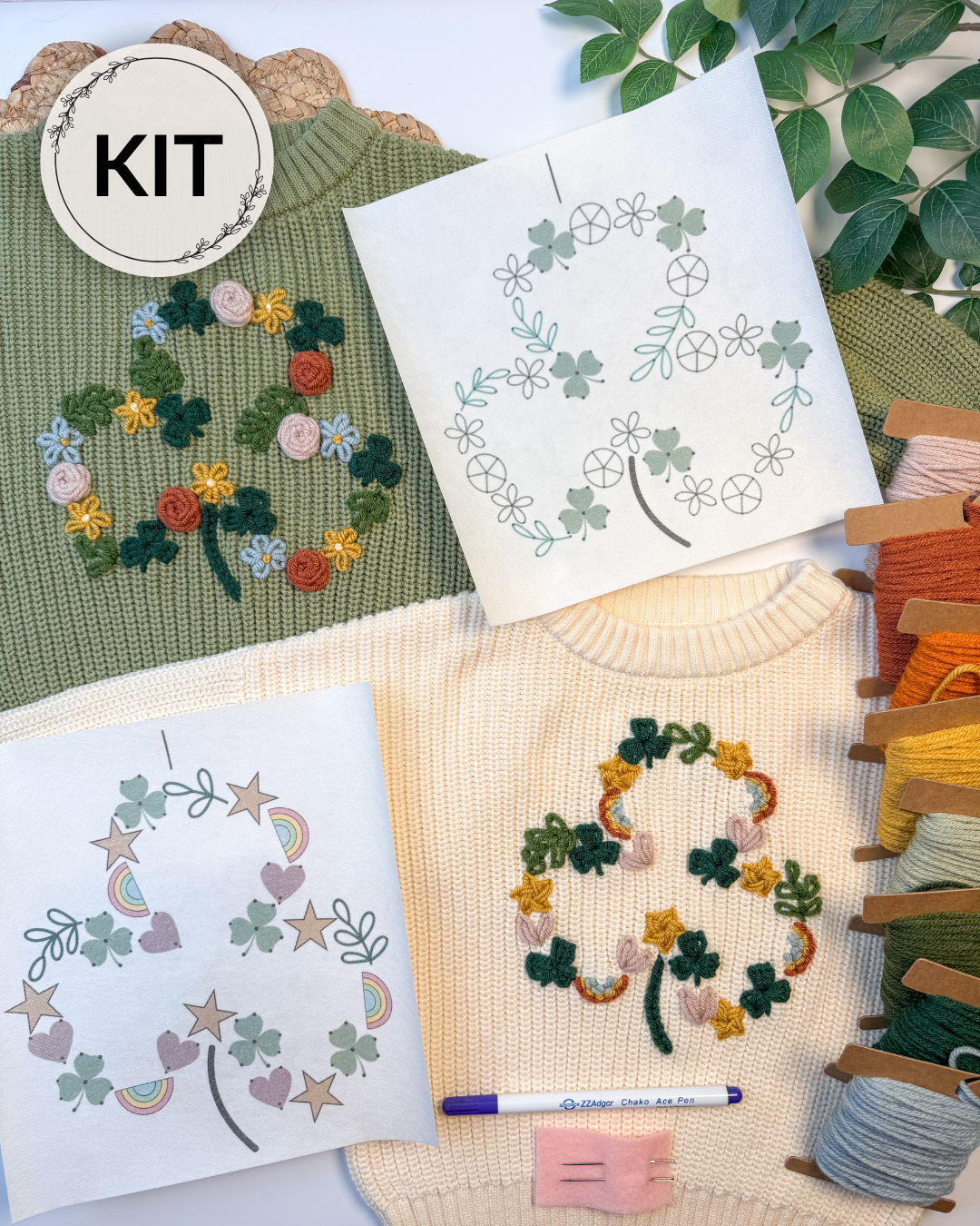 St Patricks' Day Shamrock and Clover Yarn Embroidery DIY Kit
