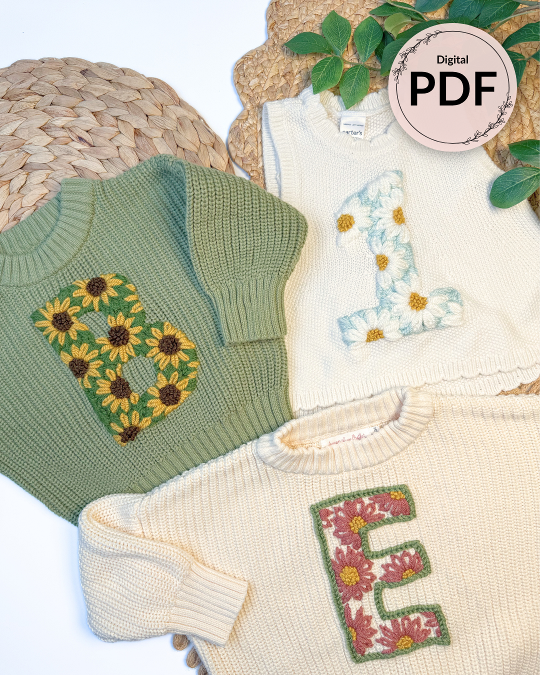 Sunflower & Daisy Letter/Number Embroidery Patterns (A-Z) & (1-9) (Digital Download)