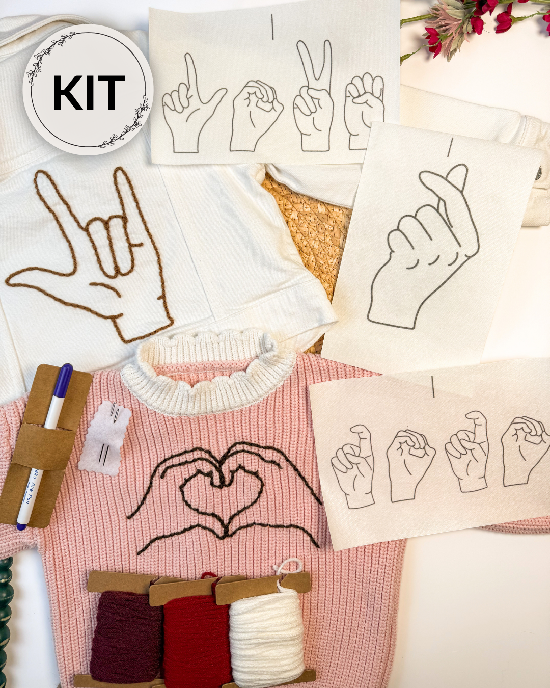 ASL Hand Love, XOXO, Hearts Yarn Embroidery DIY Kit