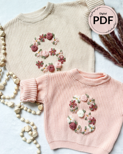 Motifs de broderie de lettres florales (A-Z) et (0-9) (Téléchargement numérique)